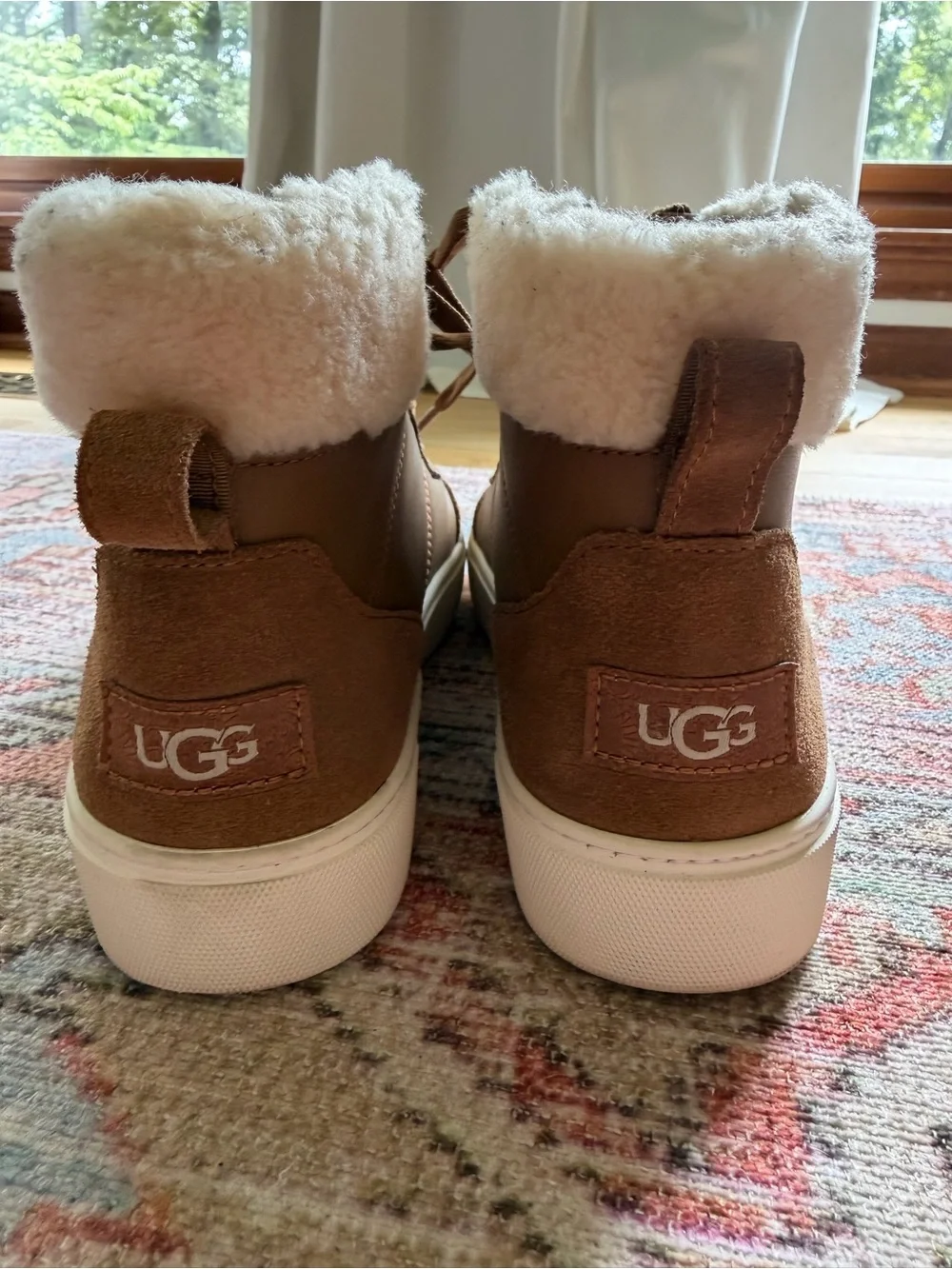 UGG Tan High-Top Faux Shearling Lined Sneakers with White Platform